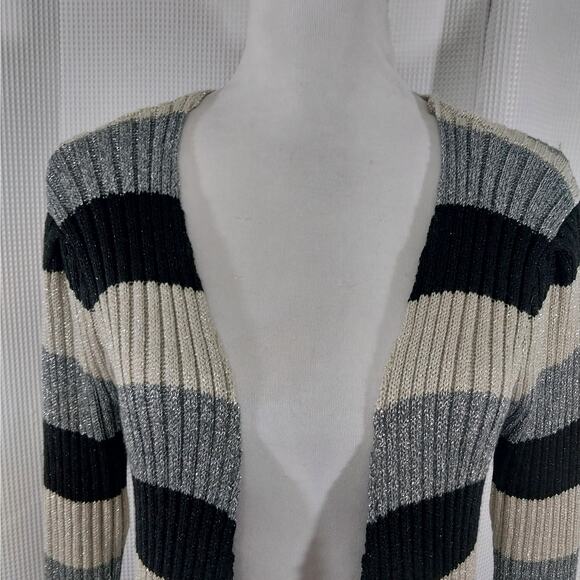 VENUS! BLACK/GRAY/SILVER METALLIC RIBBED KNIT DUSTER LENGTH CARDI SWEATER! SZ S - Picture 6 of 13